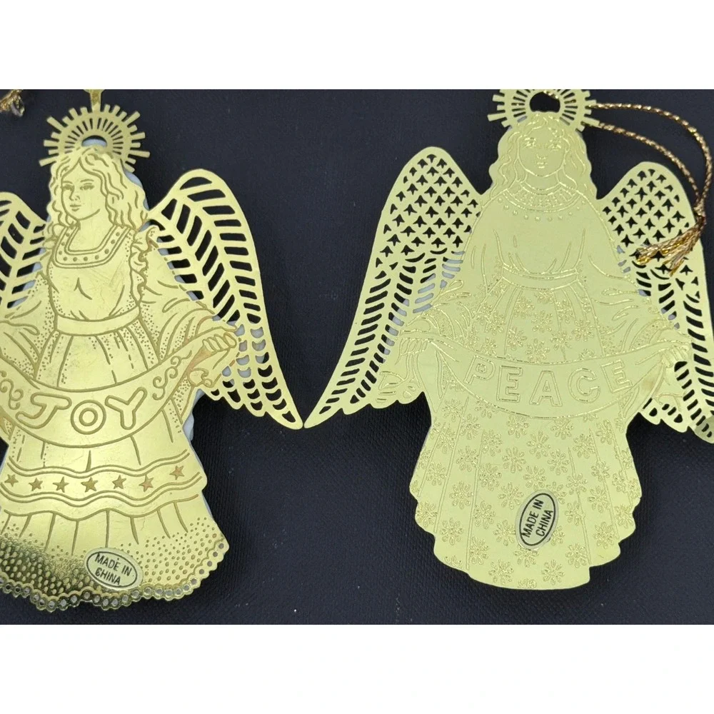 Vtg Porcelain Metal Angel Ornaments Set of 4 Noel Joy Peace Merry Christmas
